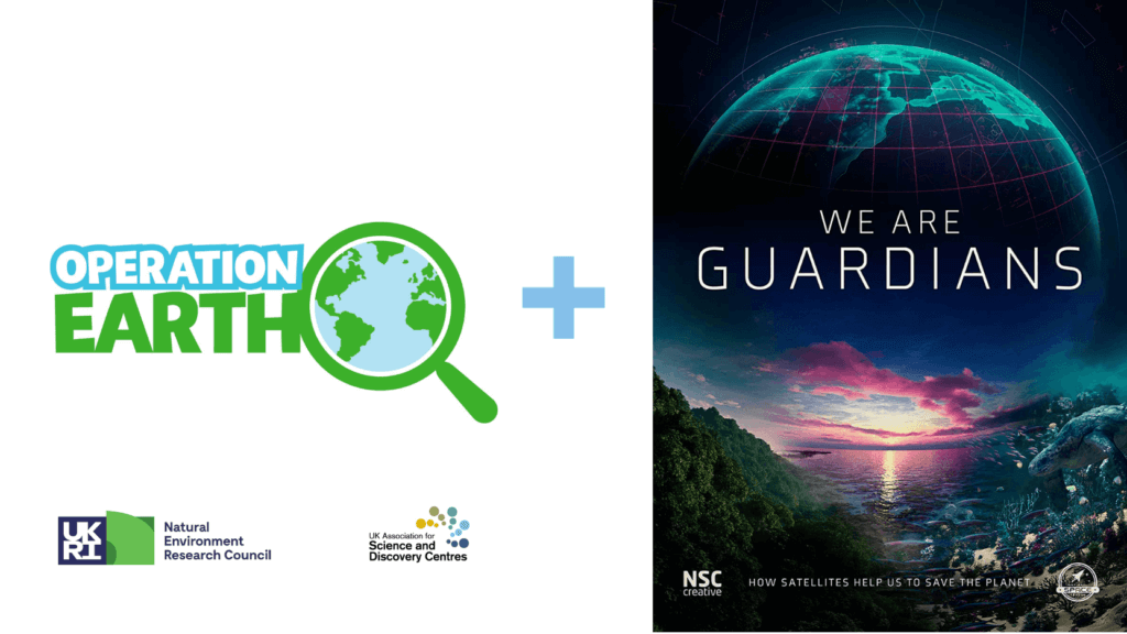 The text 'Operation Earth' next to a cartoon image of the Earth with a magnifying glass around it. The text 'We are Guardians' over a wire-frame Earth.