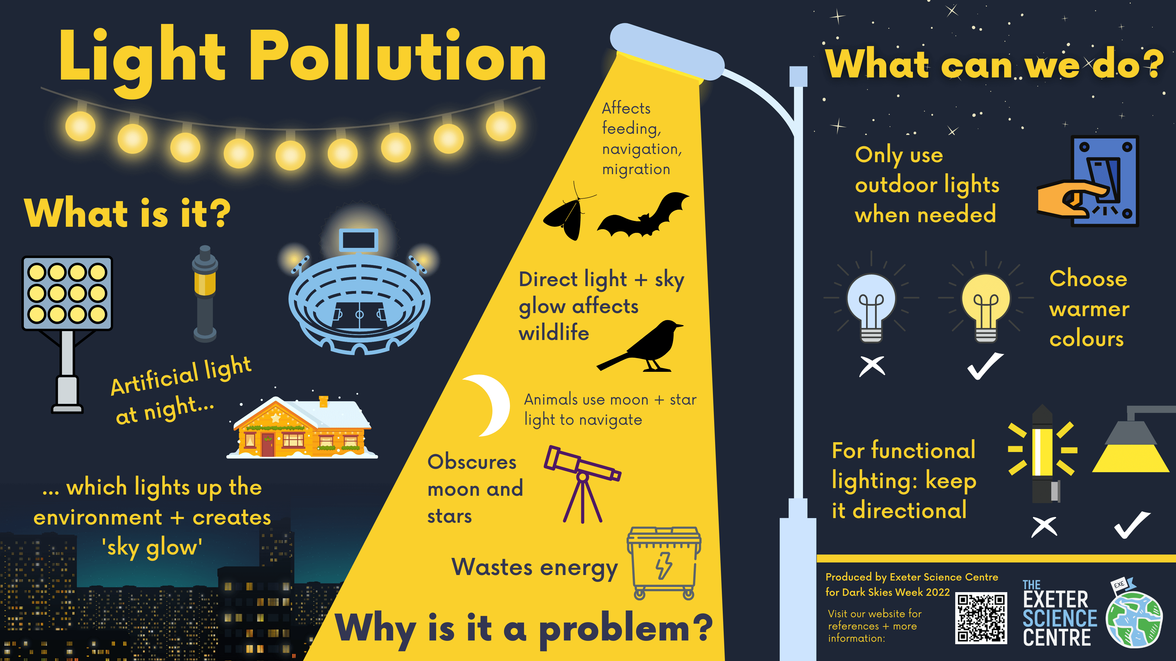 Light pollution negatively affects wildlife, obscures the moon and stars, and wastes energy - to help: only use outdoor lights when needed, choose warmer light bulb colours, and for functional lighting: keep it directional