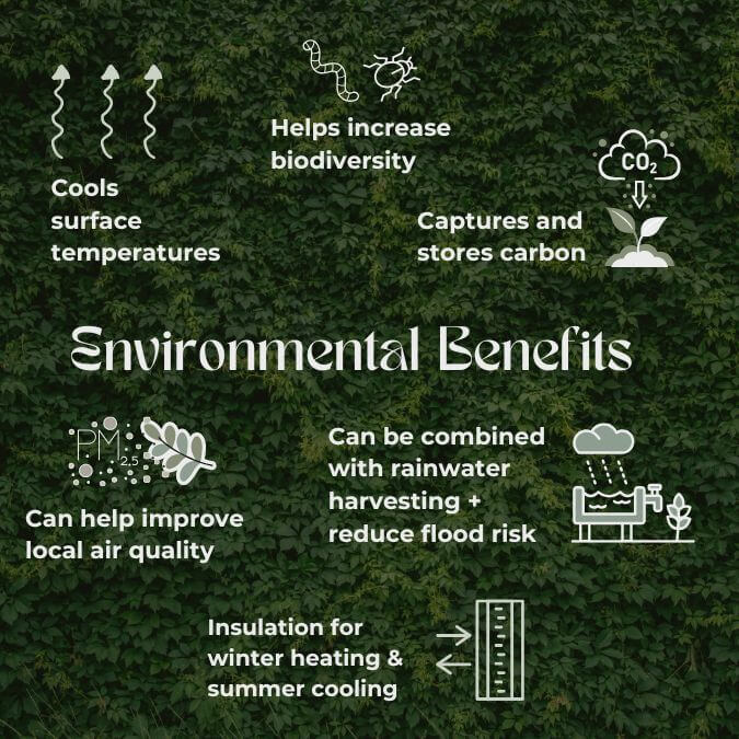 Environmental benefits: cools surface temperature, helps increase biodiversity, captures and stores carbon, can help improve local air quality, can be combined with rainwater harvesting + reduce flood risk, insulation for winter heating and summer cooling. Text and icons set against a back drop of a leafy green wall.