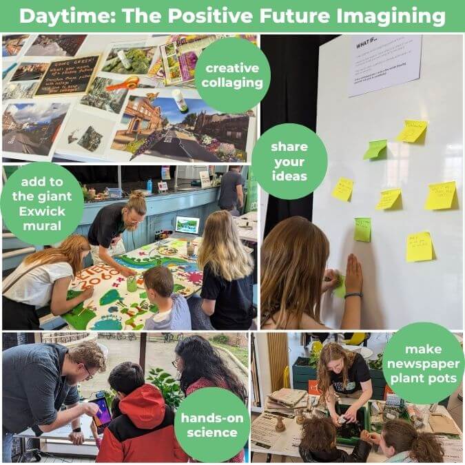 Photos from the original event, with text: 'Daytime: The Positive Future Imagining' at the top. Images reflect the text descriptions: creative collaging, add to the giant Exwick mural, share your ideas, hands-on science, make newspaper plant pots.